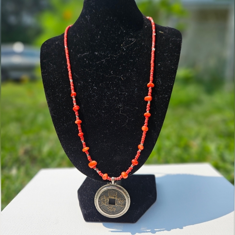 Peyote Bird Coral Fire Necklace, 20 in, NWT